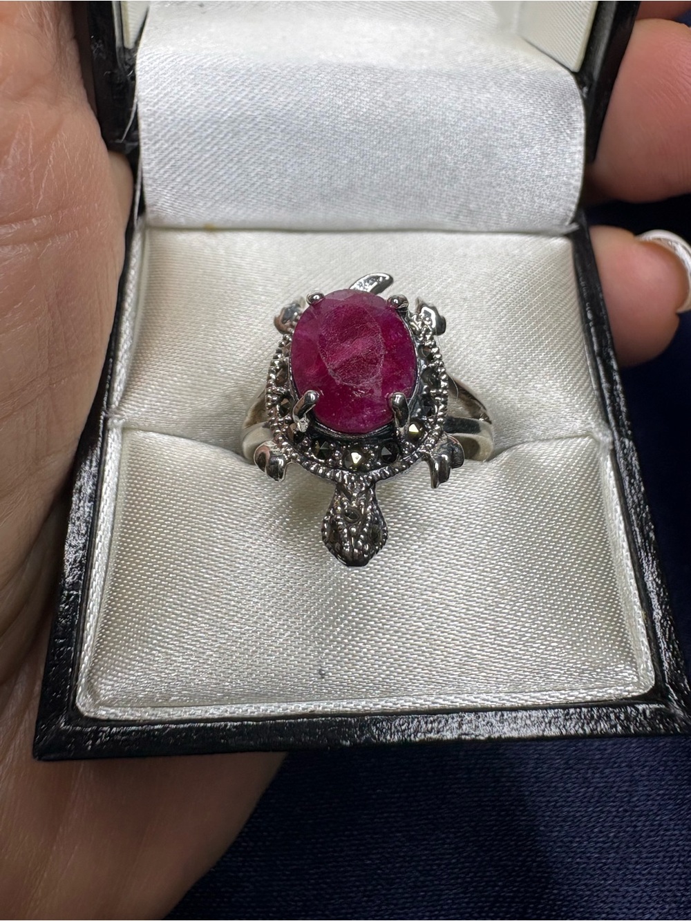 🤩Ring Turtle Sterling Silver Ruby Gemstone Marcasite Accents Split Shank Band - Picture 6 of 6